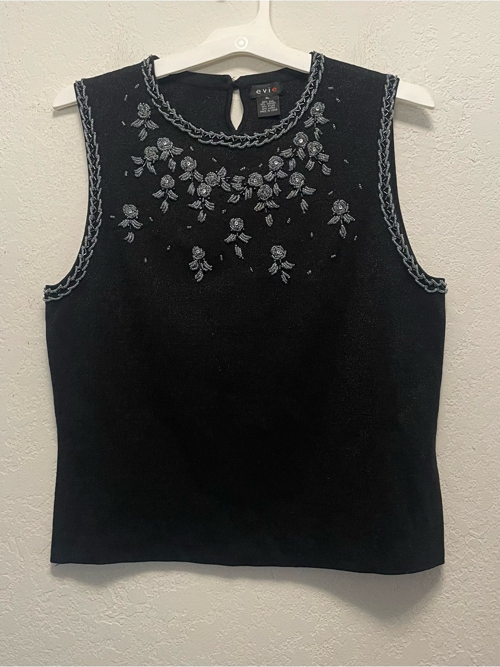 Evie Embellished Beaded Black Lurex Silk Blend Sleeveless Knit Top Size XL